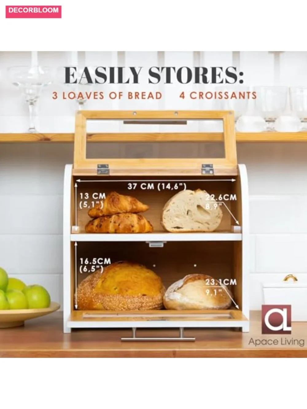 Large Bamboo 2-Tier Bread Box with Acrylic Windows for Kitchen Counter